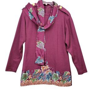 Vintage Leslie Fay Purple Sweater Floral Preppy Scarf Long Sleeves Womens Size10